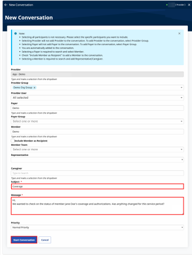 Select Subject, Message, and Priority & Start Conversation Button