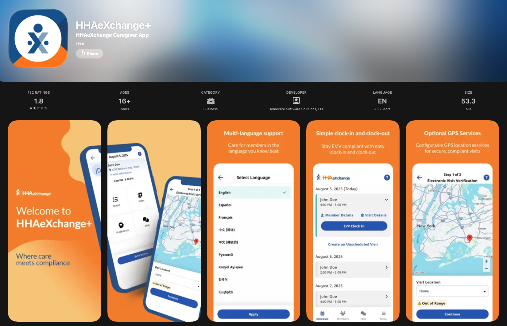 App Store HHAeXchange+ Mobile App shown on App Store with Download icon highlighted