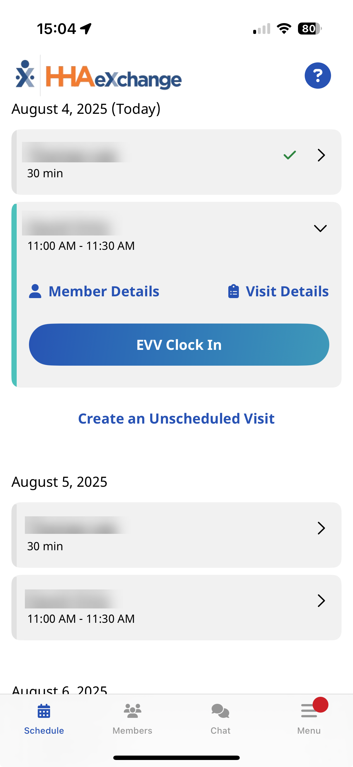 Visit Details Partial image of Visit Details showing Clock In button highloghted