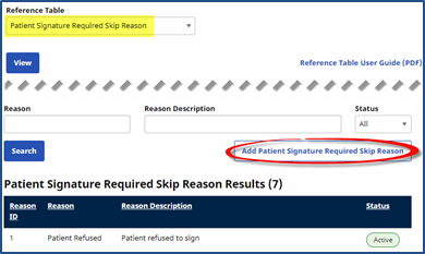 Reference Table: Patient Signature Reqired Skip Reasons Reference Table Patient Signature Required Skip Reasons
