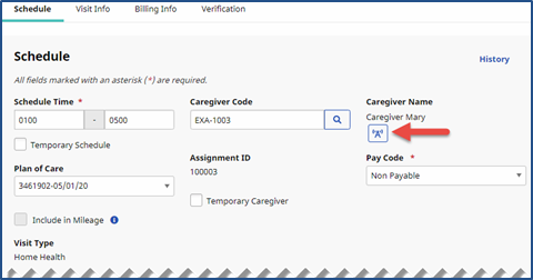 Visit Info: Schedule tab Visit Info Schedule Tab