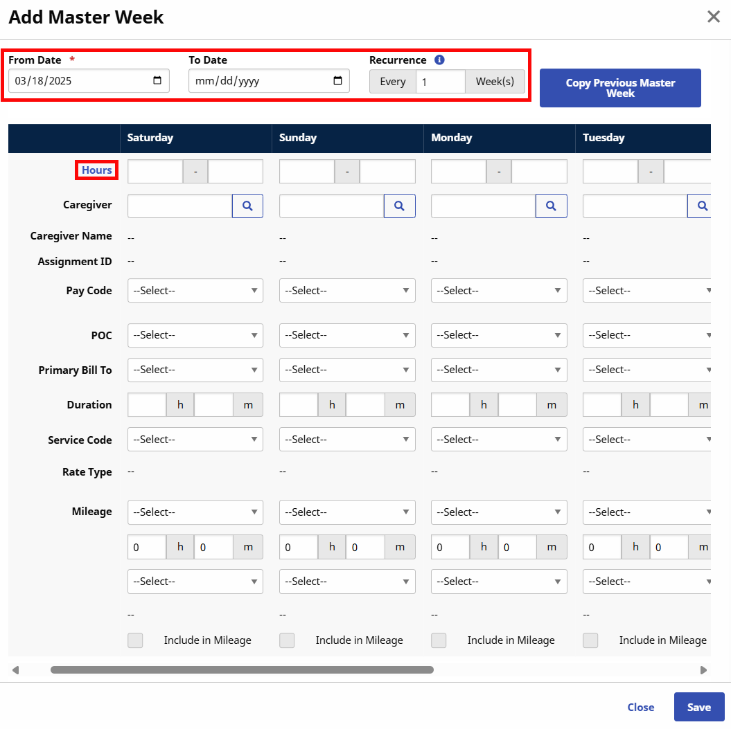 Add Master Week page Add Master Week page