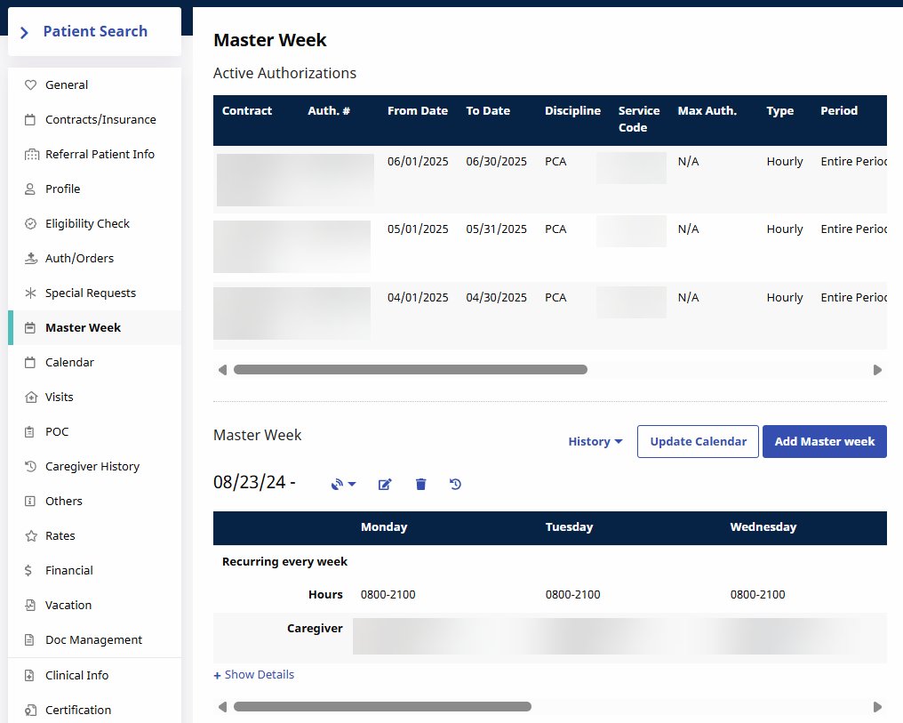 The Master Week page displays weekly reoccuring schedules in the Master Week section beneath Active Authorizations with workweeks reflected in a table. The Master Week page displays weekly reoccuring schedules in the Master Week section beneath Active Authorizations with workweeks reflected in a table.