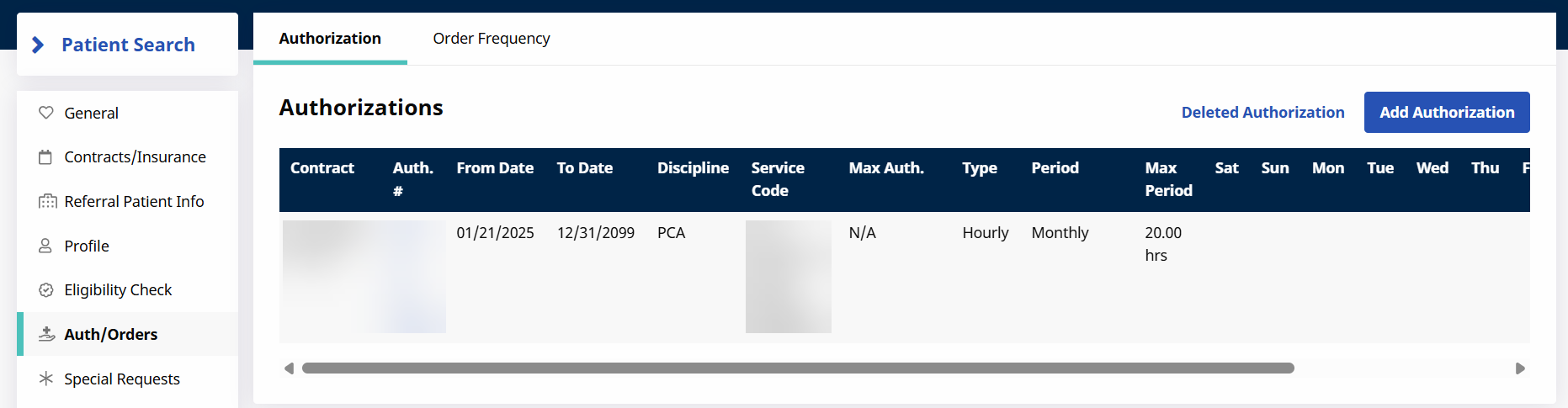 The Authorizations page displays a table containing an authorization with contract, authorization number, disicipline, type, and period data, among others. The Authorizations page displays a table containing an authorization with contract, authorization number, disicipline, type, and period data, among others.