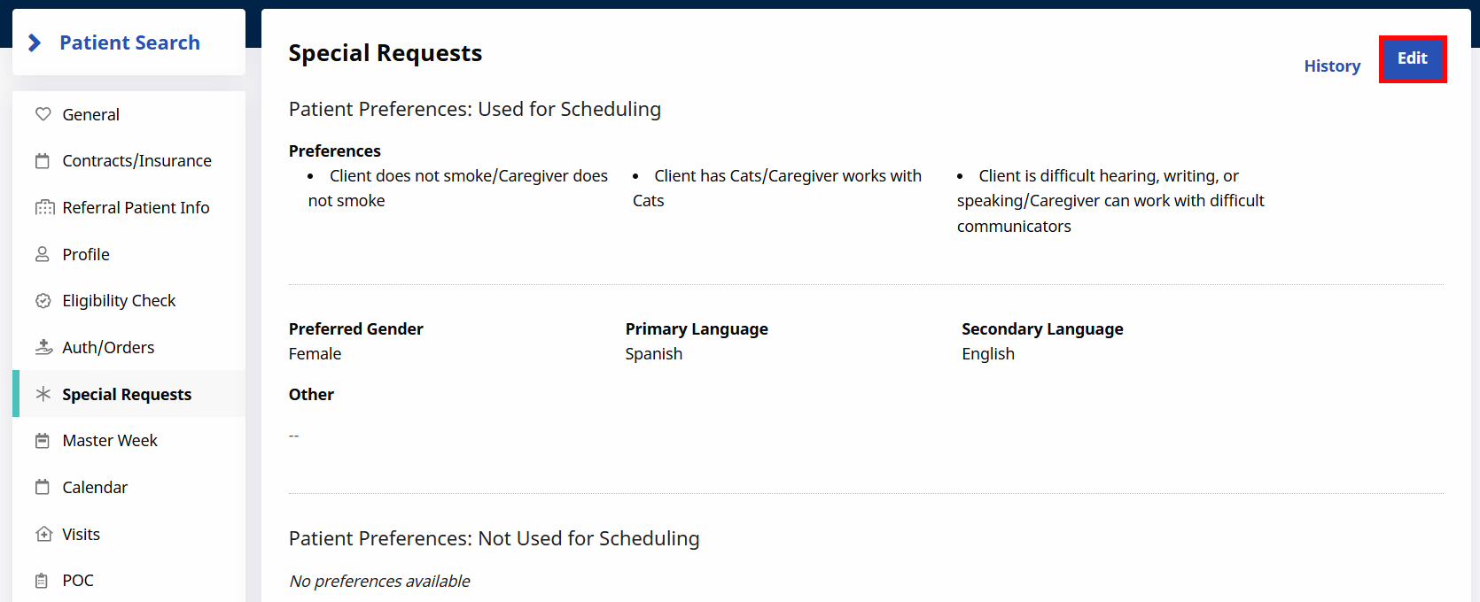 The Special Requests page displays configurable preferences used for scheduling at the top, as well as those not used for scheduling at the bottom. The Special Requests page displays configurable preferences used for scheduling at the top, as well as those not used for scheduling at the bottom.