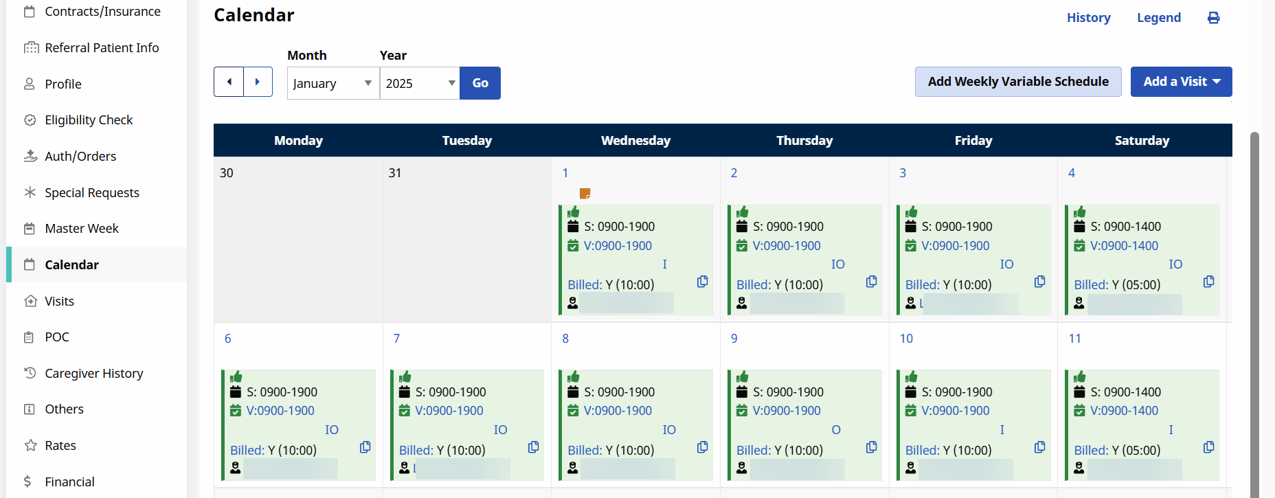 The Patient Calendar page displays authorized and unauthorized visits with color labels as defined by a row of Legend definitions at the bottom of the page. The Patient Calendar page displays authorized and unauthorized visits with color labels as defined by a row of Legend definitions at the bottom of the page.