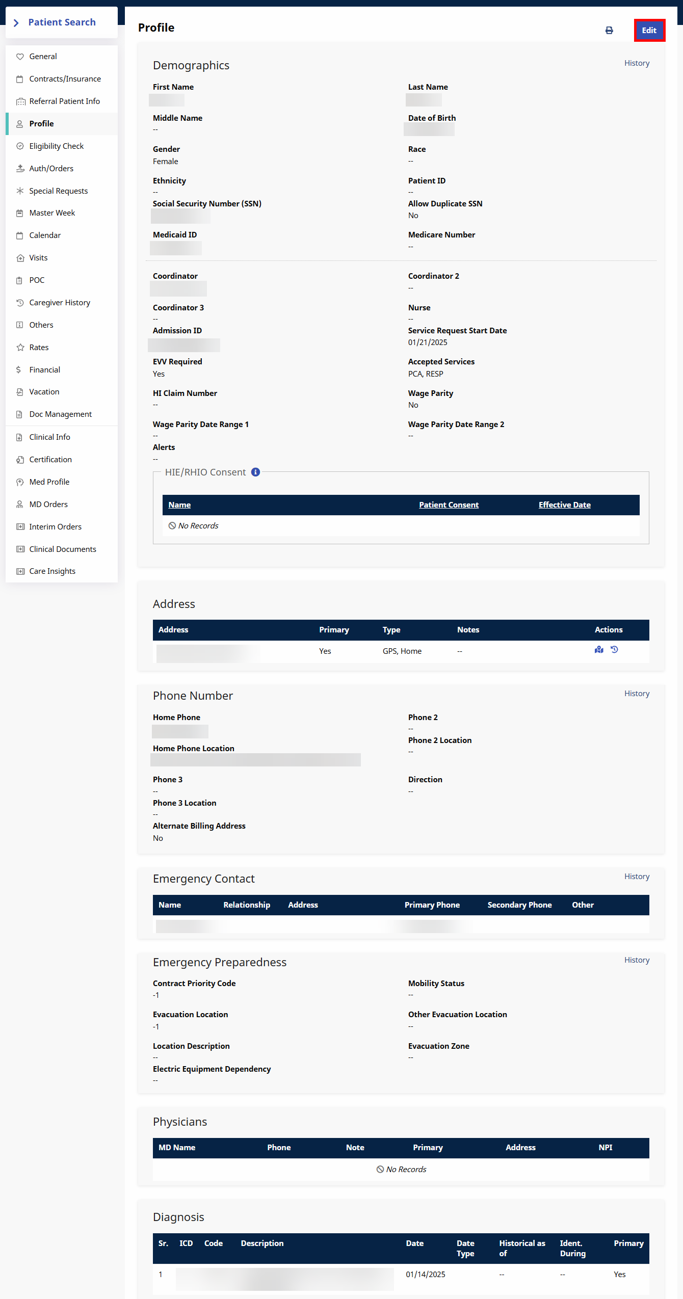 In a partial top to bottom display, the Patient Profile offers a Demographics section at the top of the page, down to a Physicians section when scrolling to the bottom. In a partial top to bottom display, the Patient Profile offers a Demographics section at the top of the page, down to a Physicians section when scrolling to the bottom.