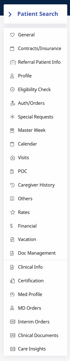 The left nevigation panel displays the following Patient Profile pages from top to bottom: general, contracts, spend down, referral info, profile, and eligibility check. The left nevigation panel displays the following Patient Profile pages from top to bottom: general, contracts, spend down, referral info, profile, and eligibility check.