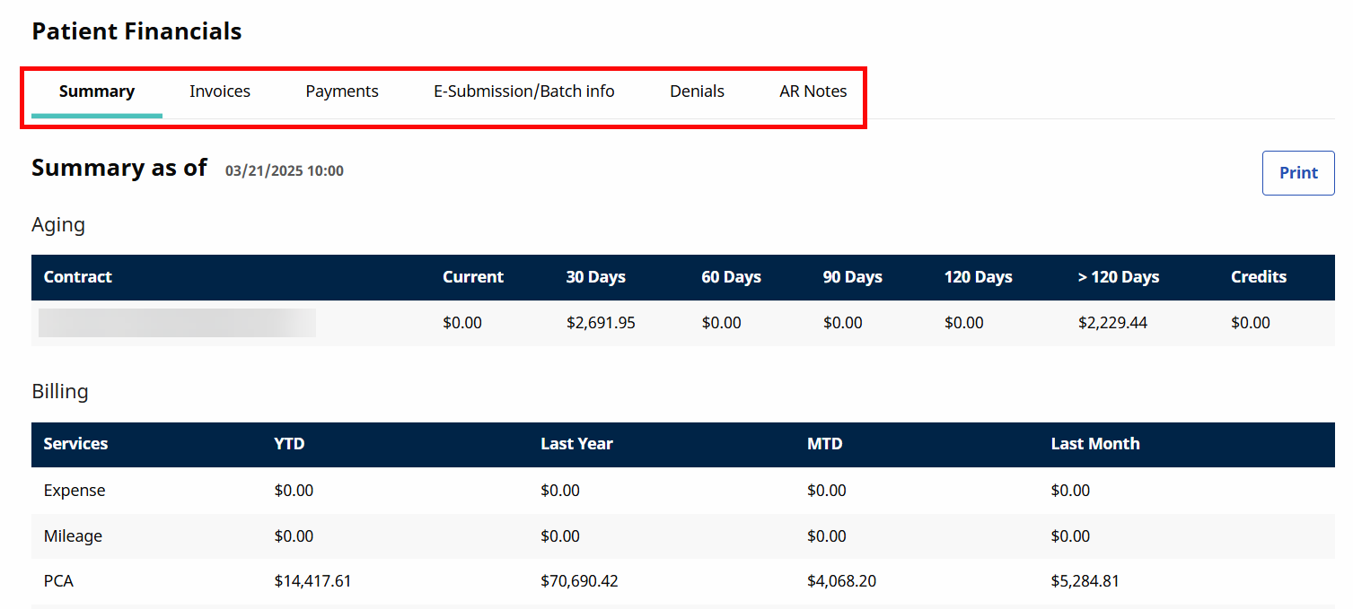 Patient Profile Financials Page Patient Profile Financials Page