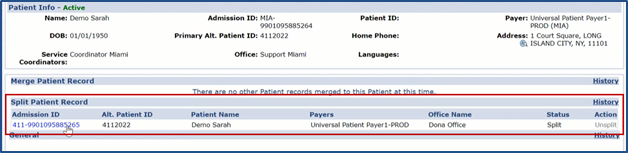 Patient Profile - Split Patient Record Patient Profile - Split Patient Record