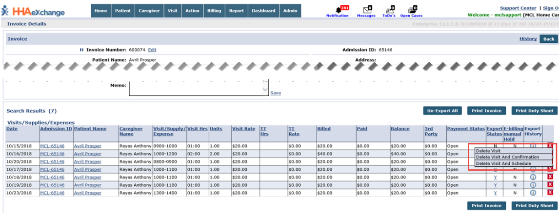 Delete Visit Option Delete Visit Option