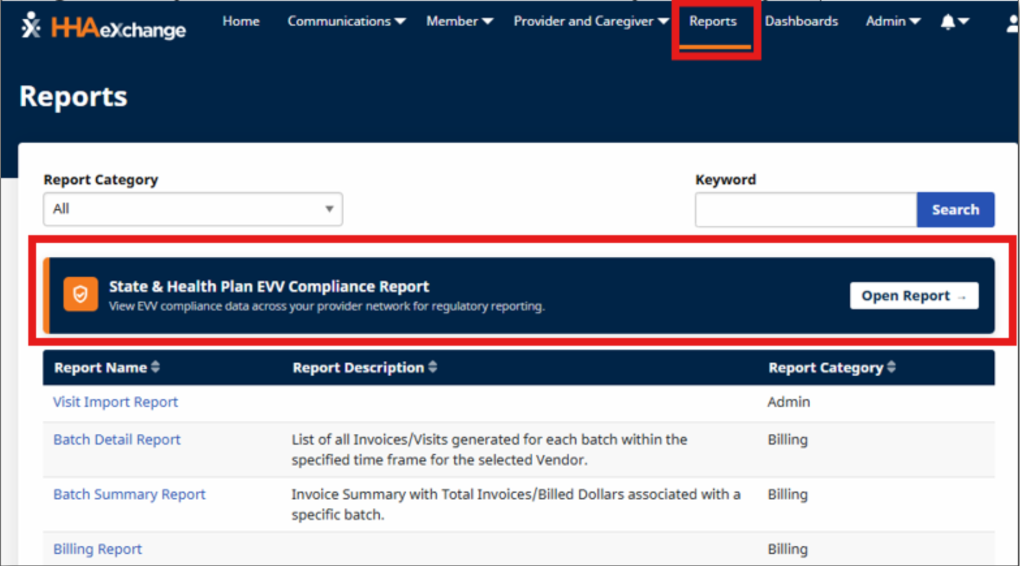 Navigate to State and Health Plan EVV Compliance Report