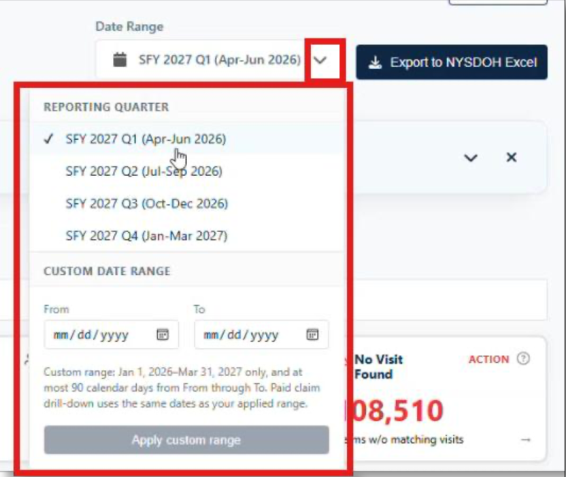EVV Compliance Report Date Range Selector and Reporting Quarter Options