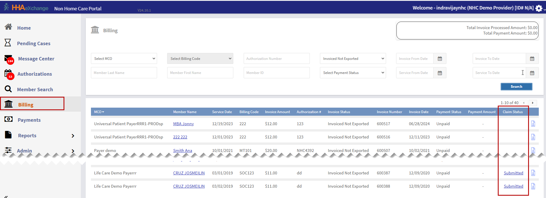 Billing - Claim Status Colum This image displays the Billing page with claims search results. The Claim Status column is highlighted.