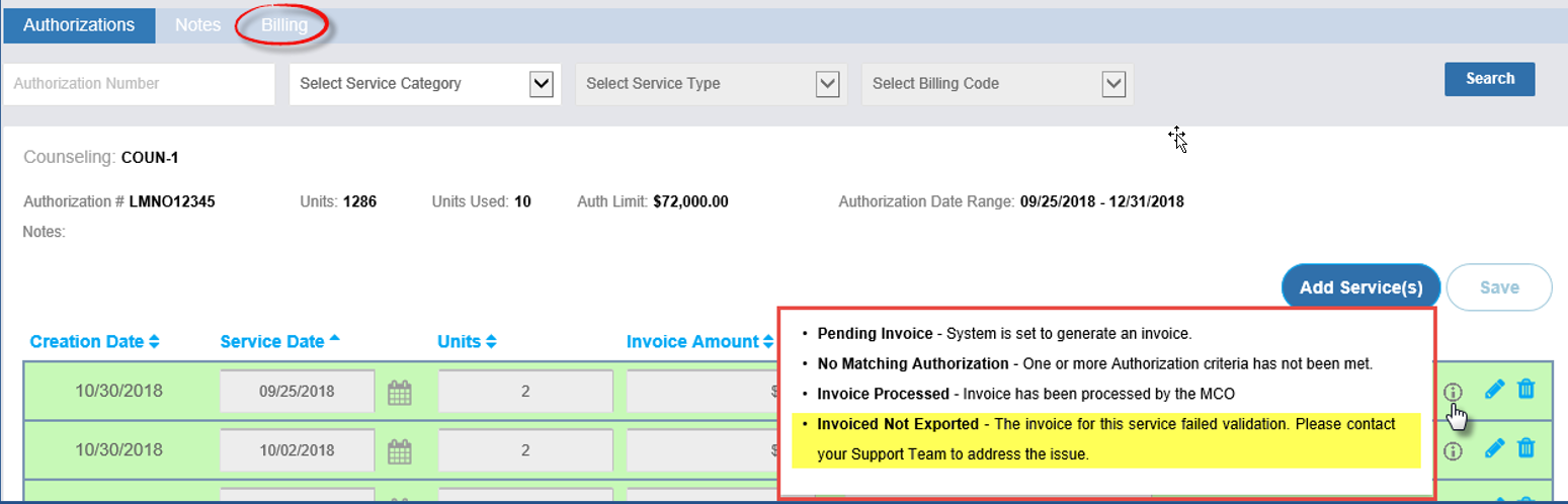 This image shows the Invoice Statuses on the Billing tab on the Authorizations page.