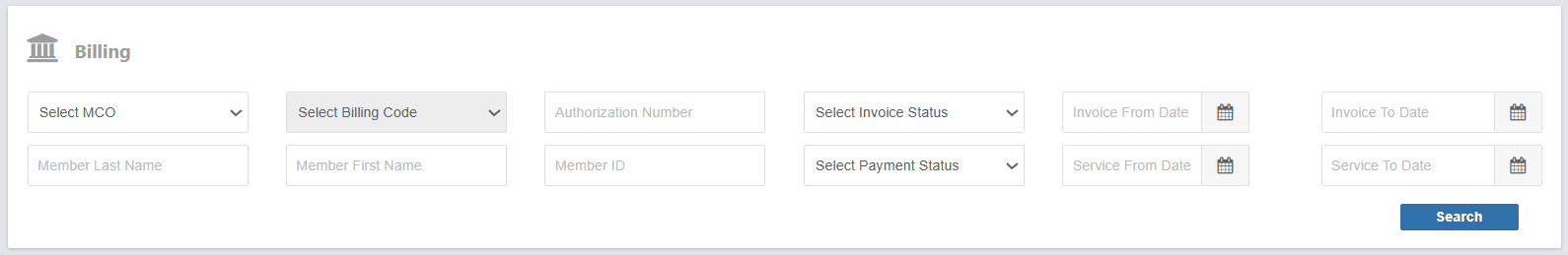 Billing Page Search Filter Fields Billing Page Search Filter Fields