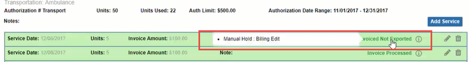 Billing Status - Reason Message This image shows a billing status Reason Messsage in the authorization Billing tab.