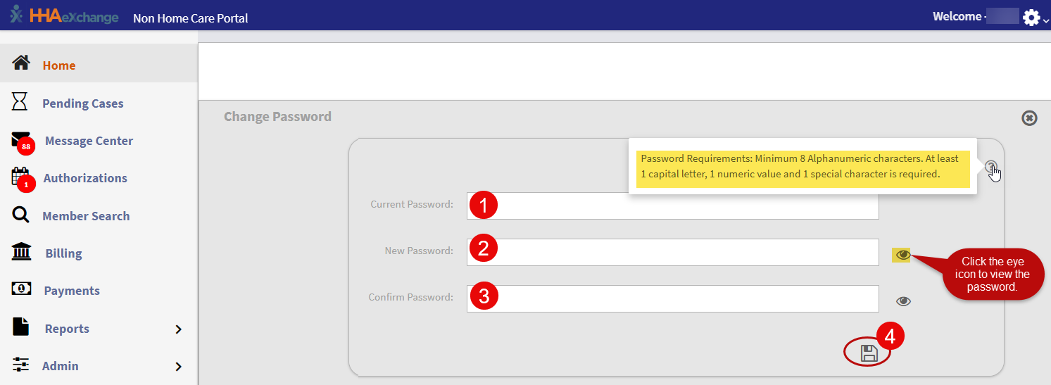 Change Password Screen This image displays the Change Password screen and highlighted steps and fields.