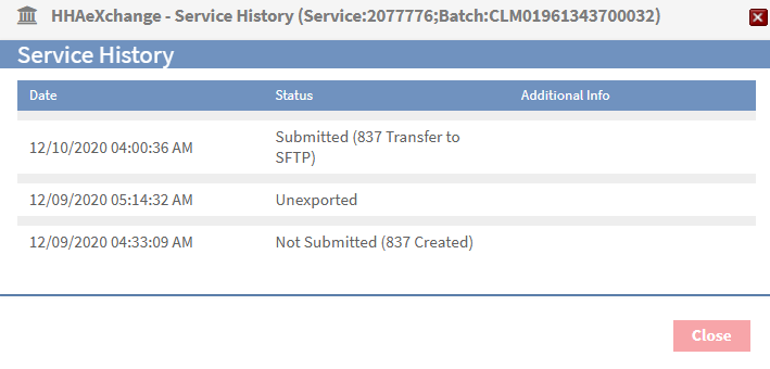 Claim Status Service History Window This image shows the Service History details for the selected claim.