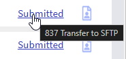 Claims Status Tool Tip This image shows the cursor hovering over the Submitted link and a tool tip displaying 237 Transfer to SFTP.