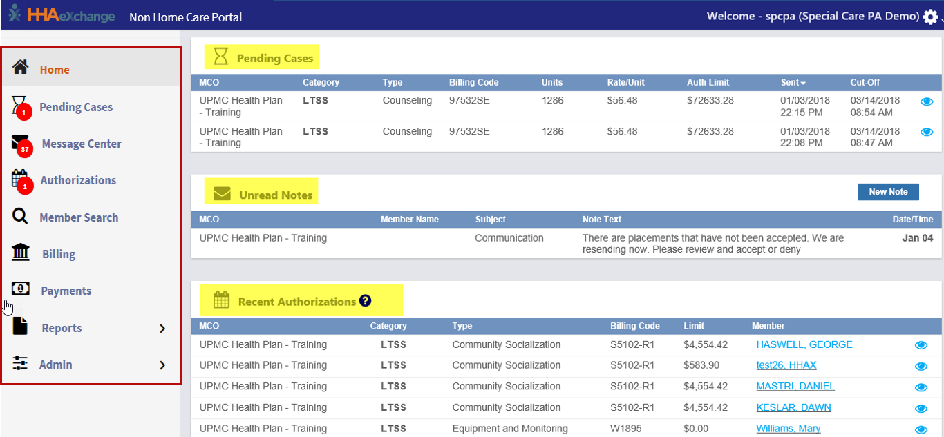Non-Homecare Portal Home Page The image shows the Non-Homecare Portal homepage with the various highlighted sections on the main frame and called out left navigation panel.