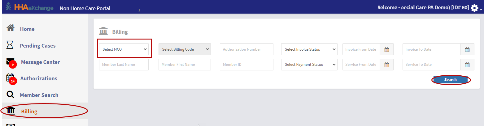 Non-Homecare - Billing Page This image displays the Non-Homecare Portal Billing page and search filter fields.