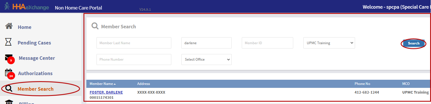 Non-Homecare - Member Search This image shows a member search operation in the Member Search page.