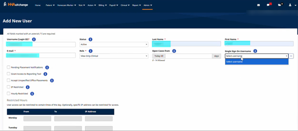 Add New User Screen -Single Sign On Username Field
