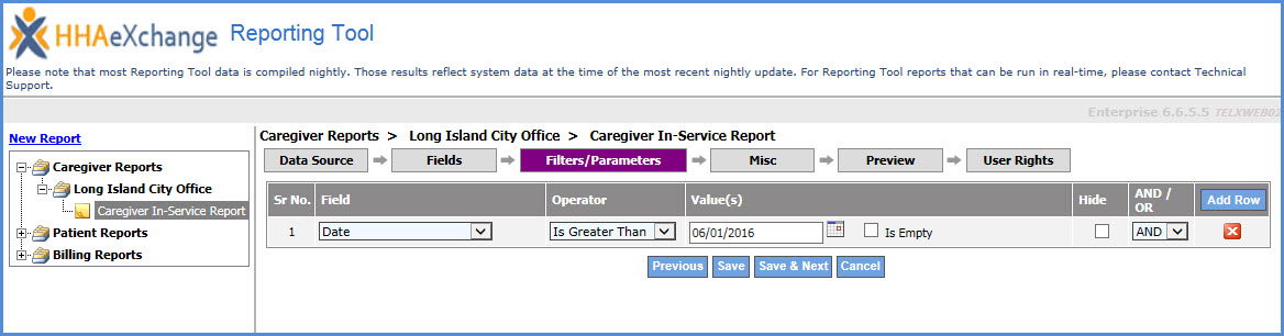 The Filters/Parameters Section The Filters/Parameters Section