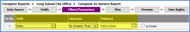 Caregiver In-Service Report Once the Value is set, the new parameter can be saved. The following image illustrated the selected Value for a report that provides all Caregiver In-Services dating back to 06/01/2016: