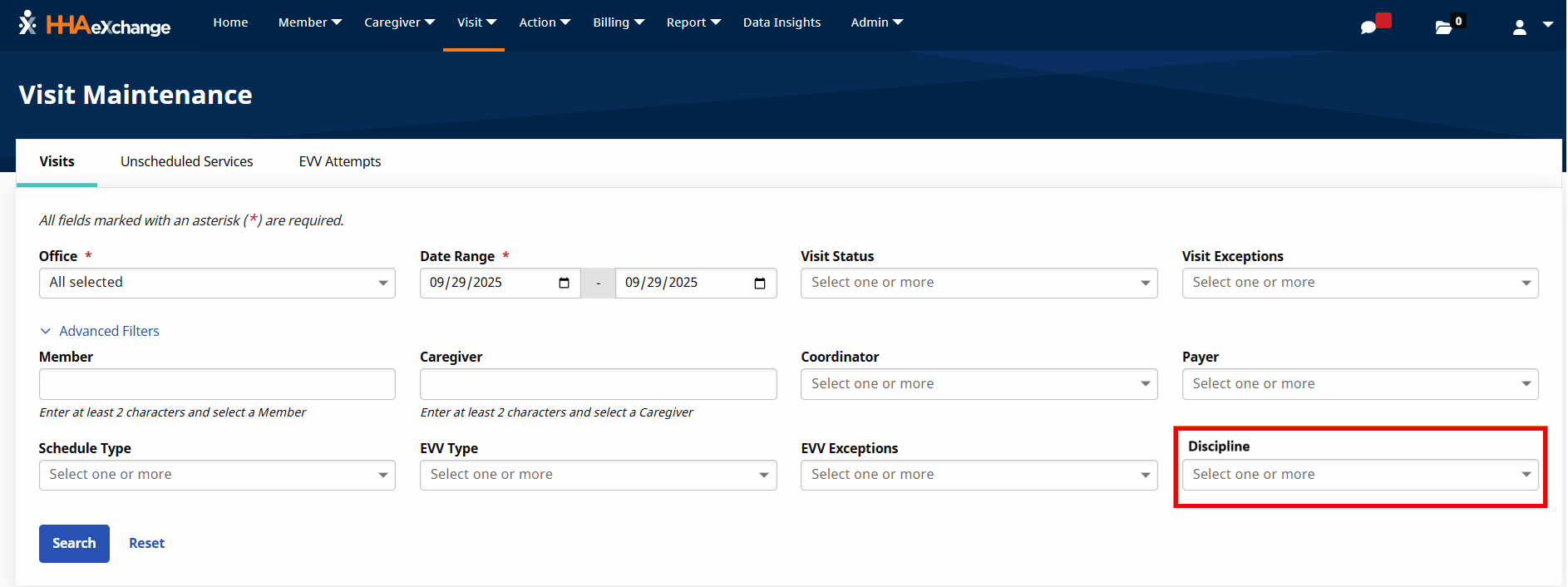 Visit Maintenance feature displaying the Visits tab Visit Maintenance feature displaying the Visits tab