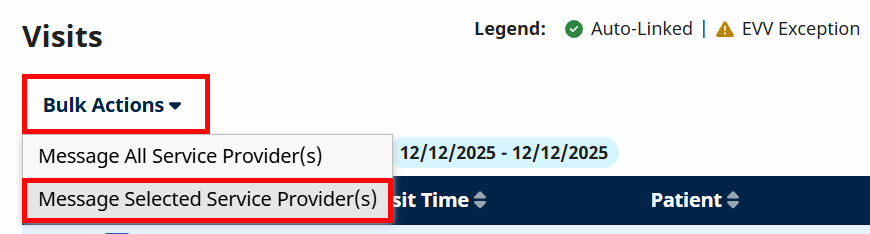 Select the Bulk Actions button. Select Message Selected Service Provider(s) from the dropdown. Select the Bulk Actions button. Select Message Selected Service Provider(s) from the dropdown.