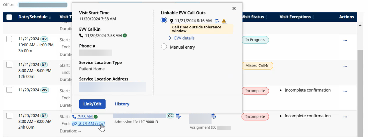 Hover on a visit that has an EVV Exception Hover on a visit that has an EVV Exception