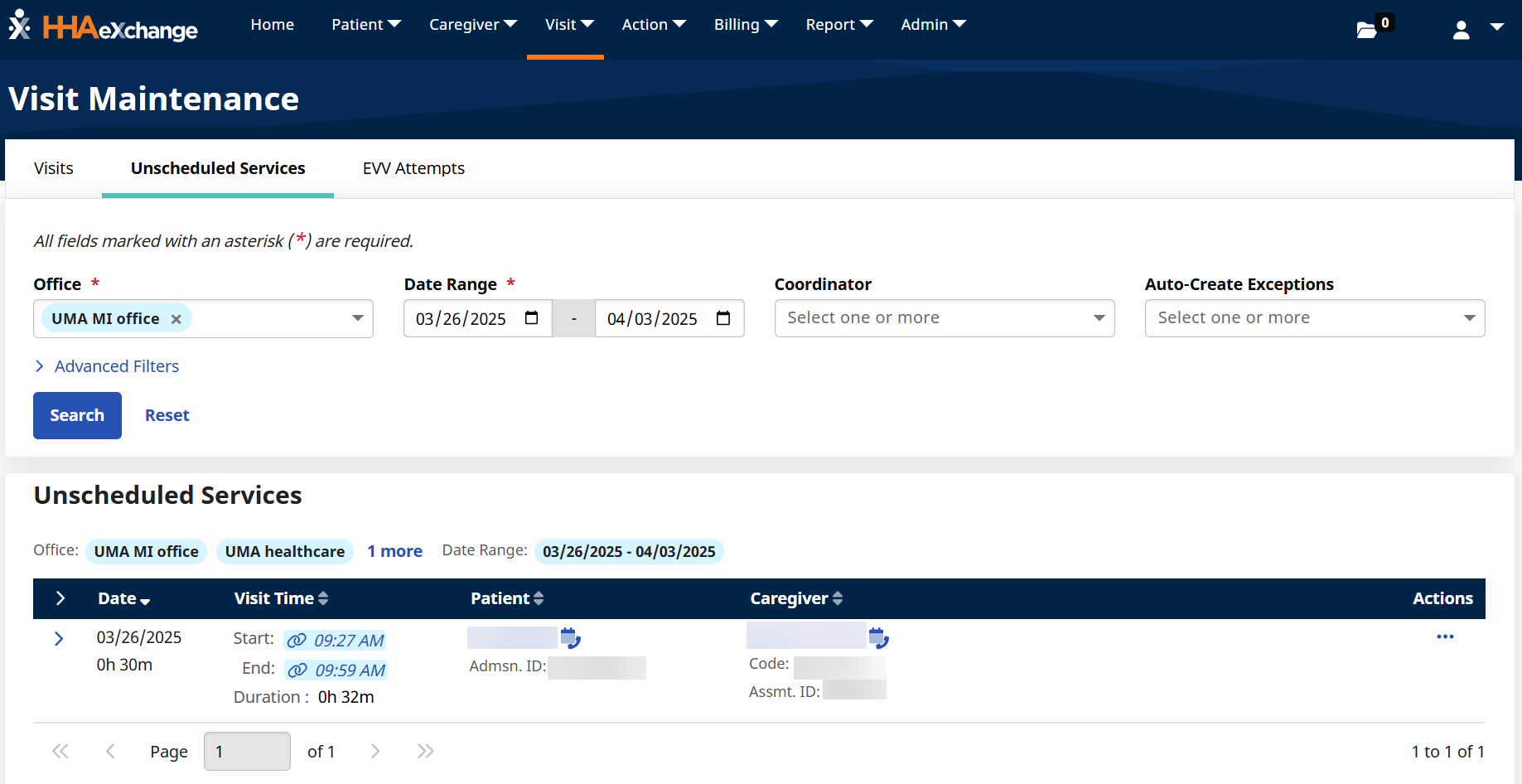 Visit filters on the Visit Maintenance feature Visit filters on the Visit Maintenance feature