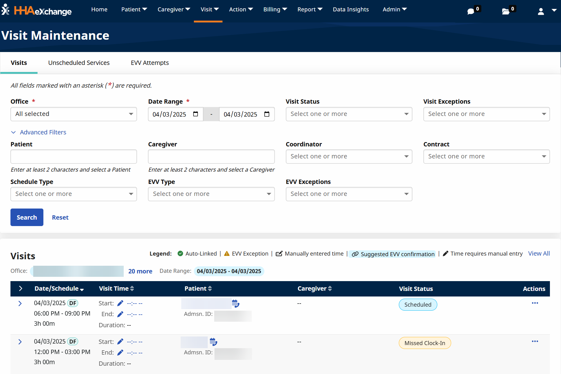 Visit Maintenance feature displaying the Visits tab Visit Maintenance feature displaying the Visits tab