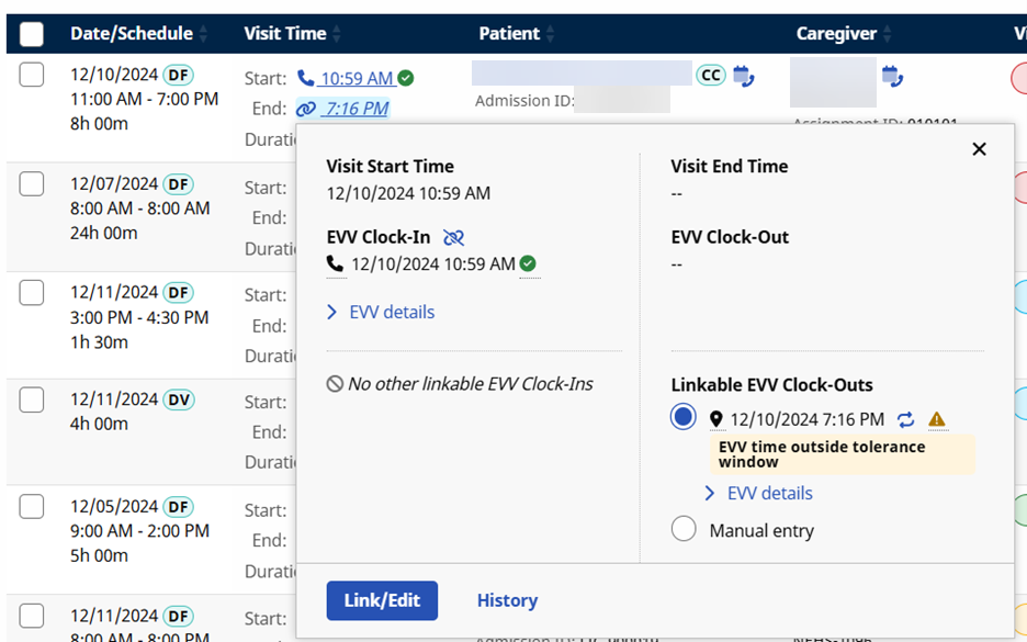 Visit Link/Edit window to link an unlinked visit Visit Link/Edit window to link an unlinked visit