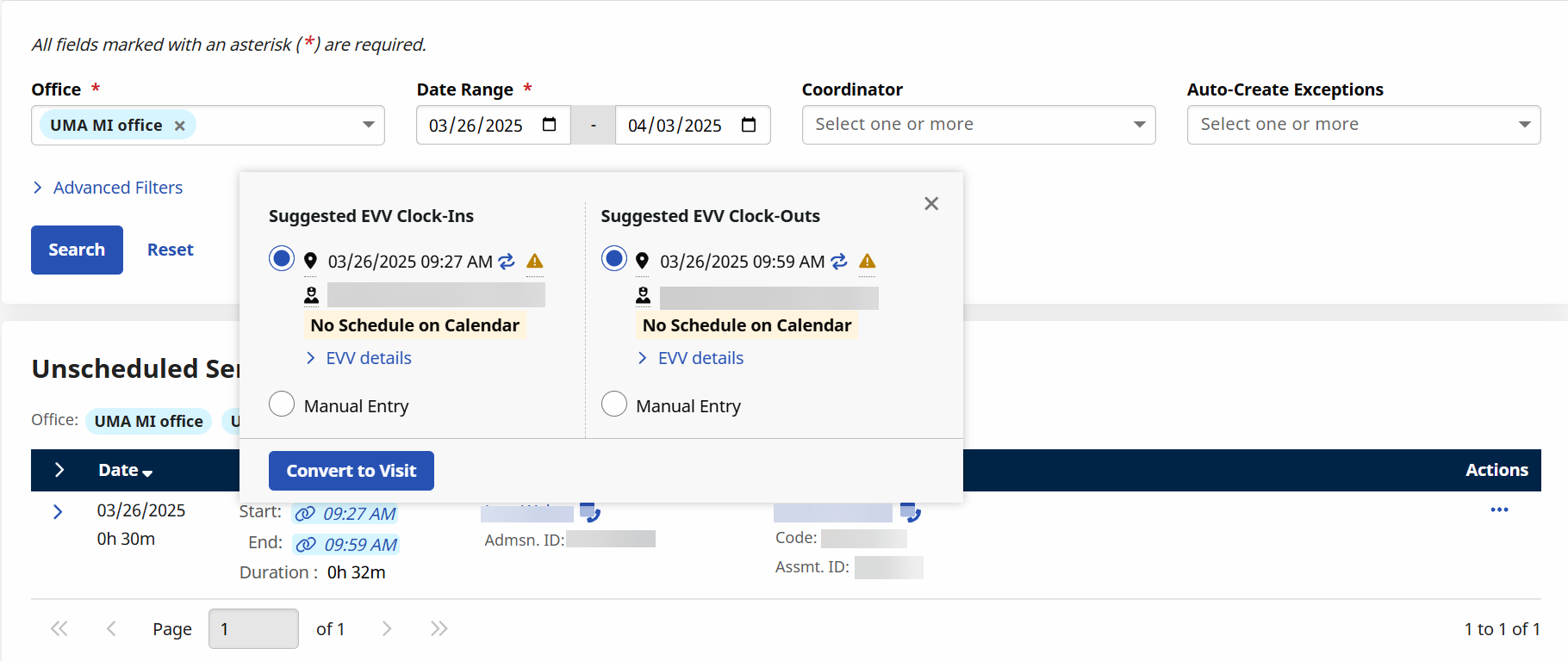 Visit filters on the Visit Maintenance feature Visit filters on the Visit Maintenance feature