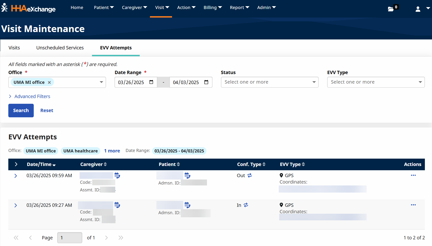 Visit filters on the Visit Maintenance feature Visit filters on the Visit Maintenance feature