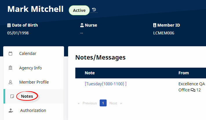 Member Profile Page Partial image of Member Profile page with Notes tab link circled at left and Notes/Messages tab displayed at right