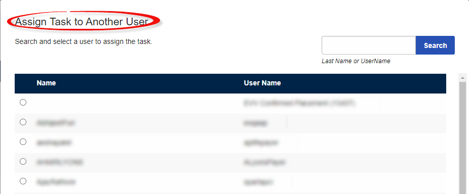 Assigning a User to an Alert Assign Task to Another User page with page title circled and sample data blurred