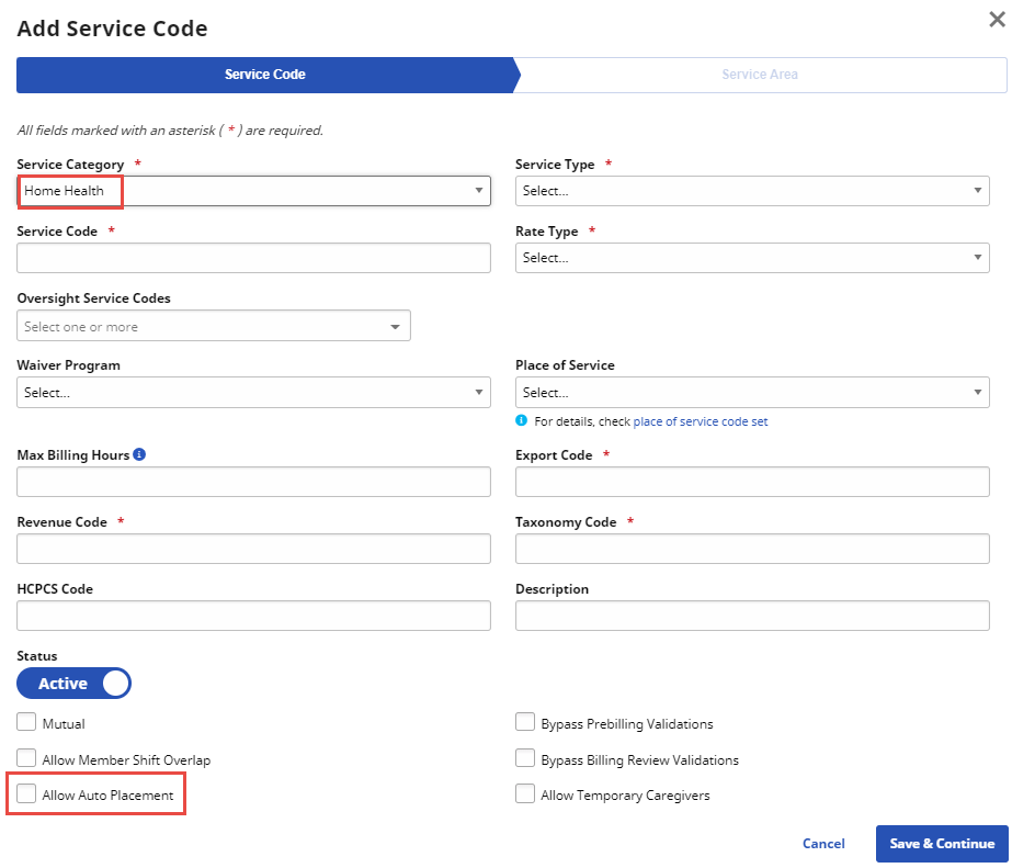 Add Service Code page with Service Category (Home Health) highlighted at top left and Allow Auto Placement checkbox highlighted at lower left.