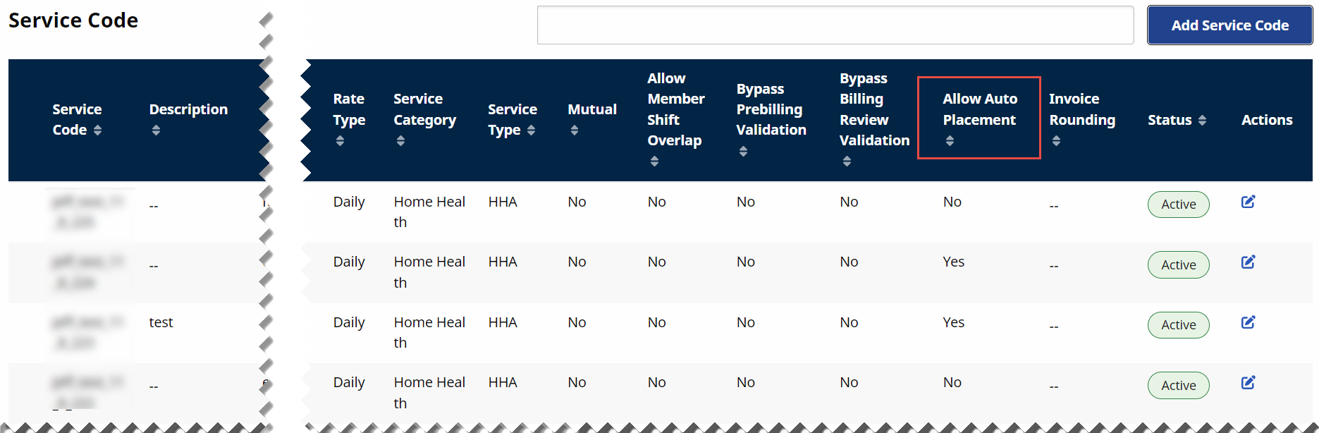 Partial image of Service Code page showing Allow Auto Placement column