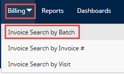 Billing, Invoice Search by Batch Billing menu expanded and Invoice Search by Batch highlighted