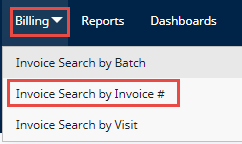 Billing, Invoice Search by Invoice # Billing menu expanded with Invoice Search by Invoice # highlighted