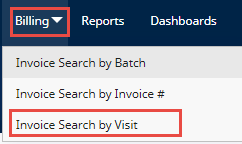 Billing, Invoice Search by Visit Billing menu expanded with Invoice Search by Visit highlighted