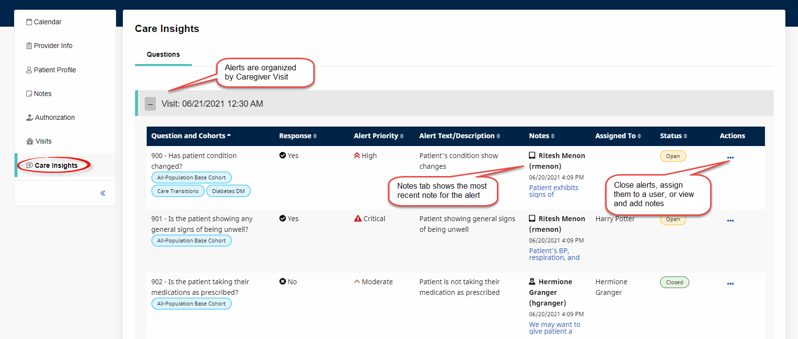 Care Insights Tab Care Insights tab circled in navigation at left. Callouts indicate where alerts are organized by Caregiver Visit (top left), where the Notes tab can be accessed (column right of center), and where to take action on alerts (column at right)