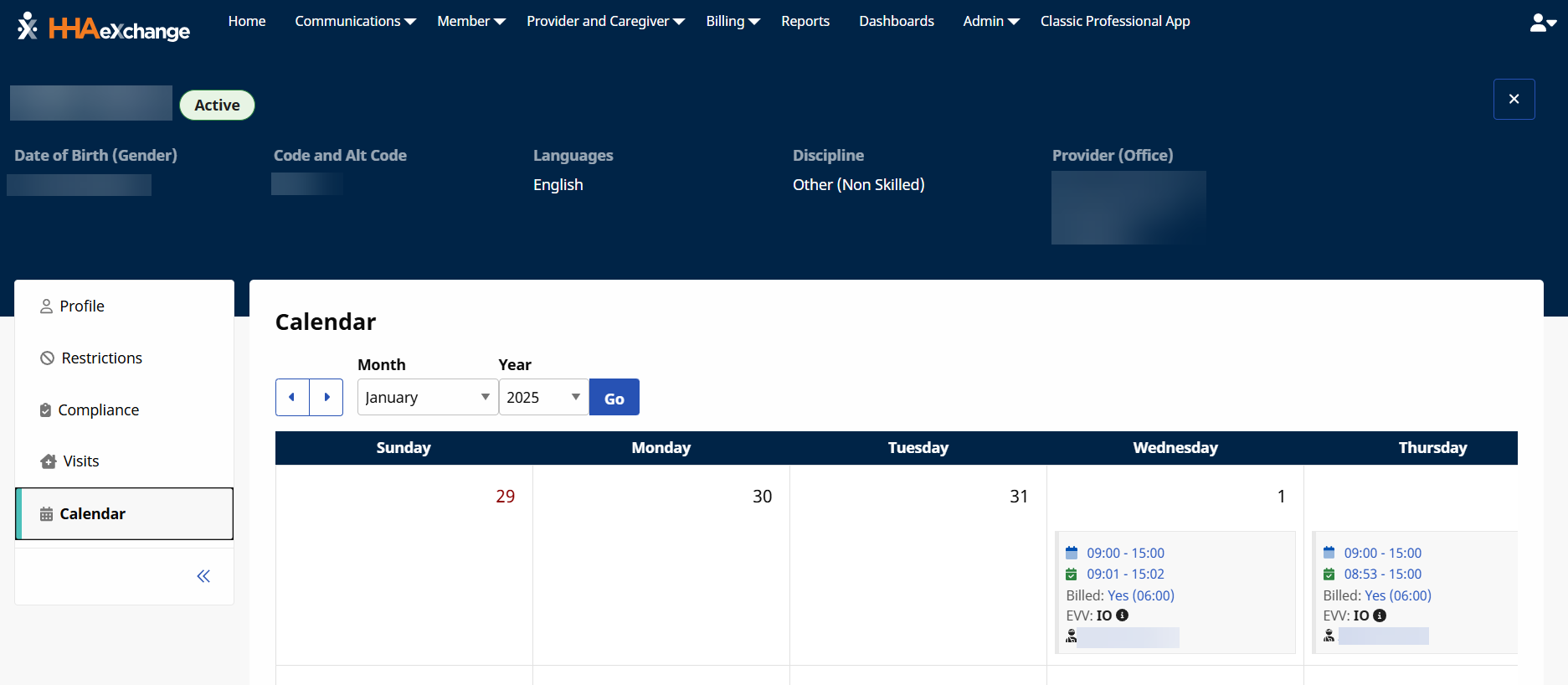 Caregiver Calendar page