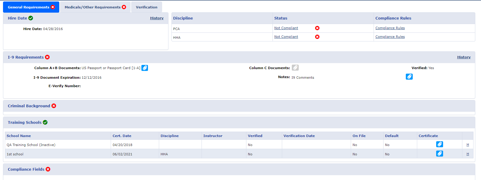 Caregiver Compliance - General Requirements tab
