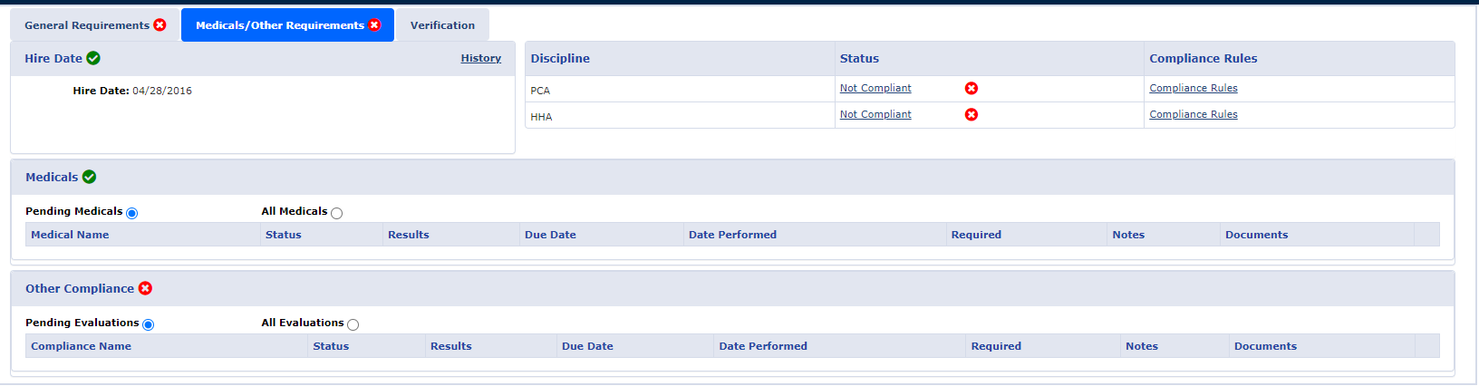 Caregiver Compliance - Medicals/Other Requirements tab