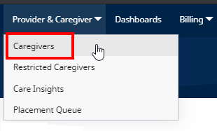 Provider & Caregiver menu expandied with Caregivers highlighted
